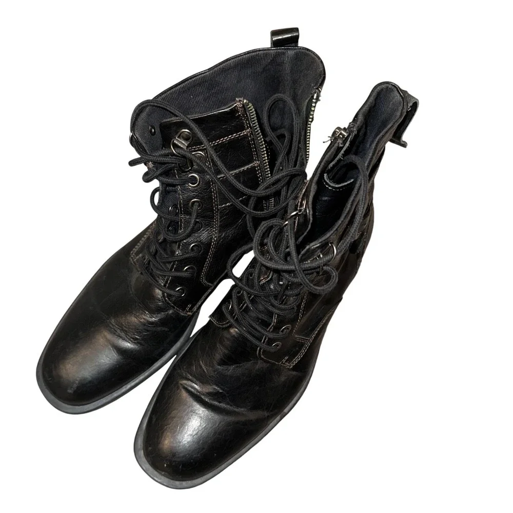 Aston‎ Grey Rockcastle 2 Mens 9 Black Leather Combat Boots Side Zip Buckle Lug